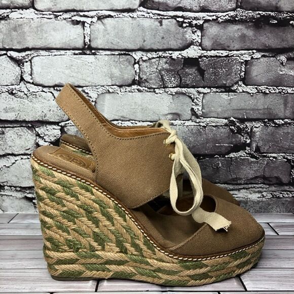Tory Burch Brown Canvas Textile Green Tan Espadrilles Wedge Women Sz 10M US/41EU - Picture 3 of 16